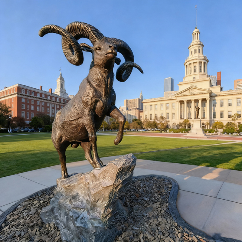 Patung Ram Tanduk Besar Perunggu – Dekorasi Taman Luar Ruangan